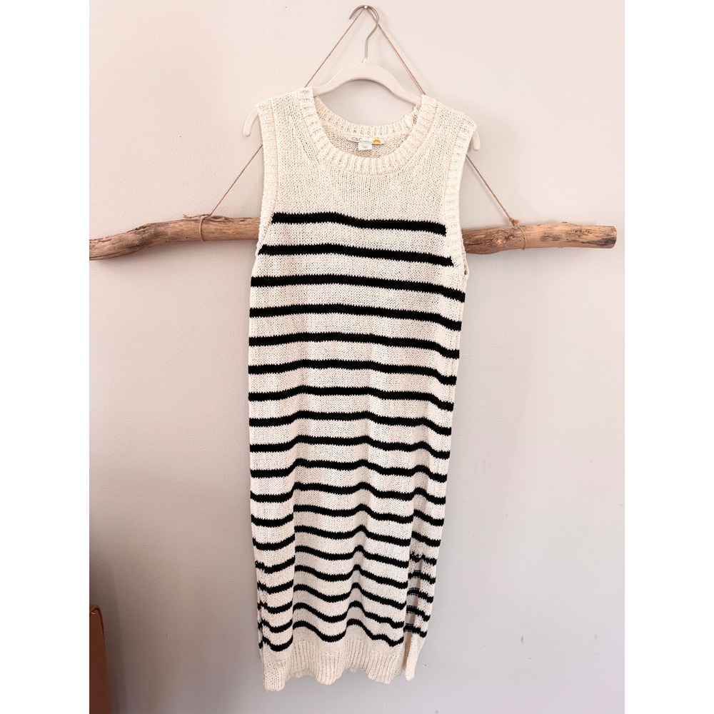 C&C California Womens Cream Black Striped Sleeveless Knit Midi Dress Side Slit